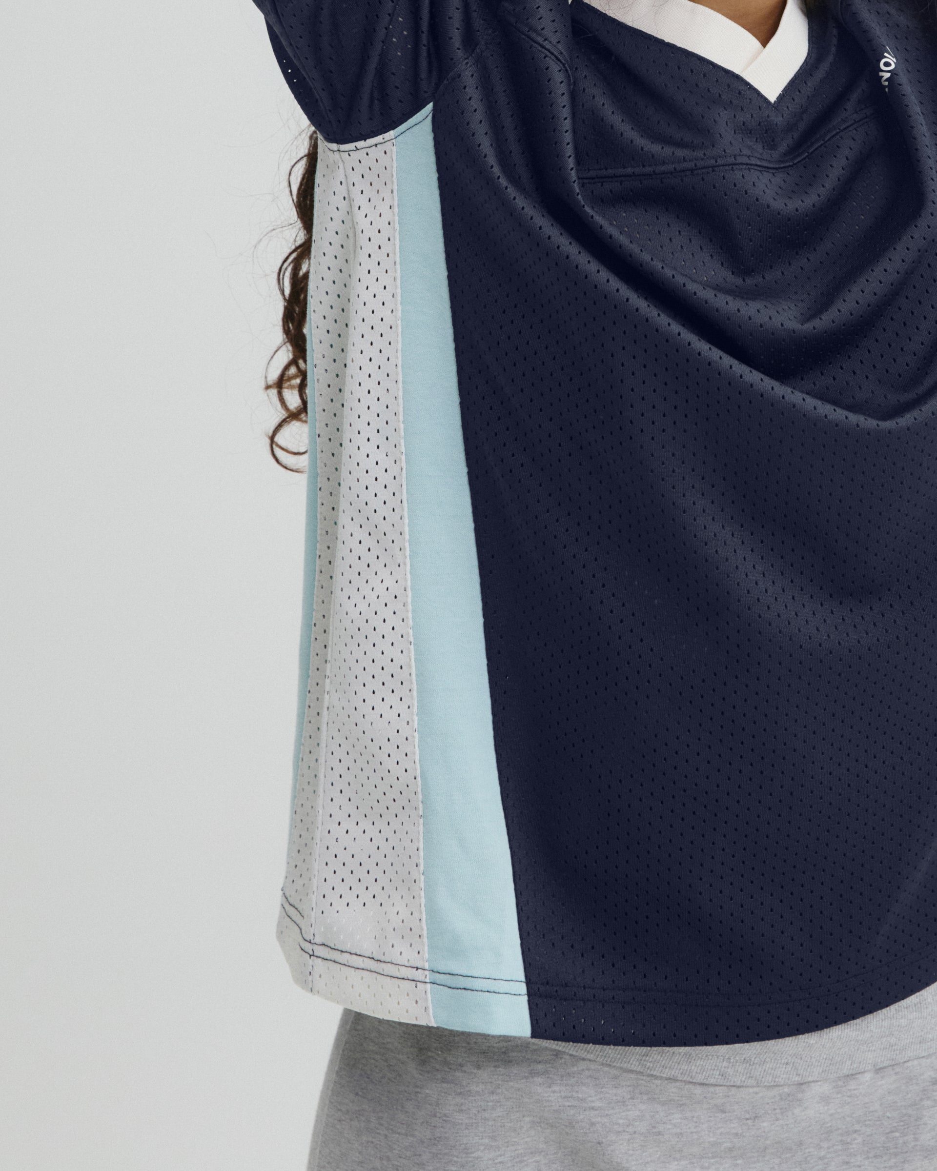 Collared Mesh Long Sleeve Jersey Top - Midnight Blue