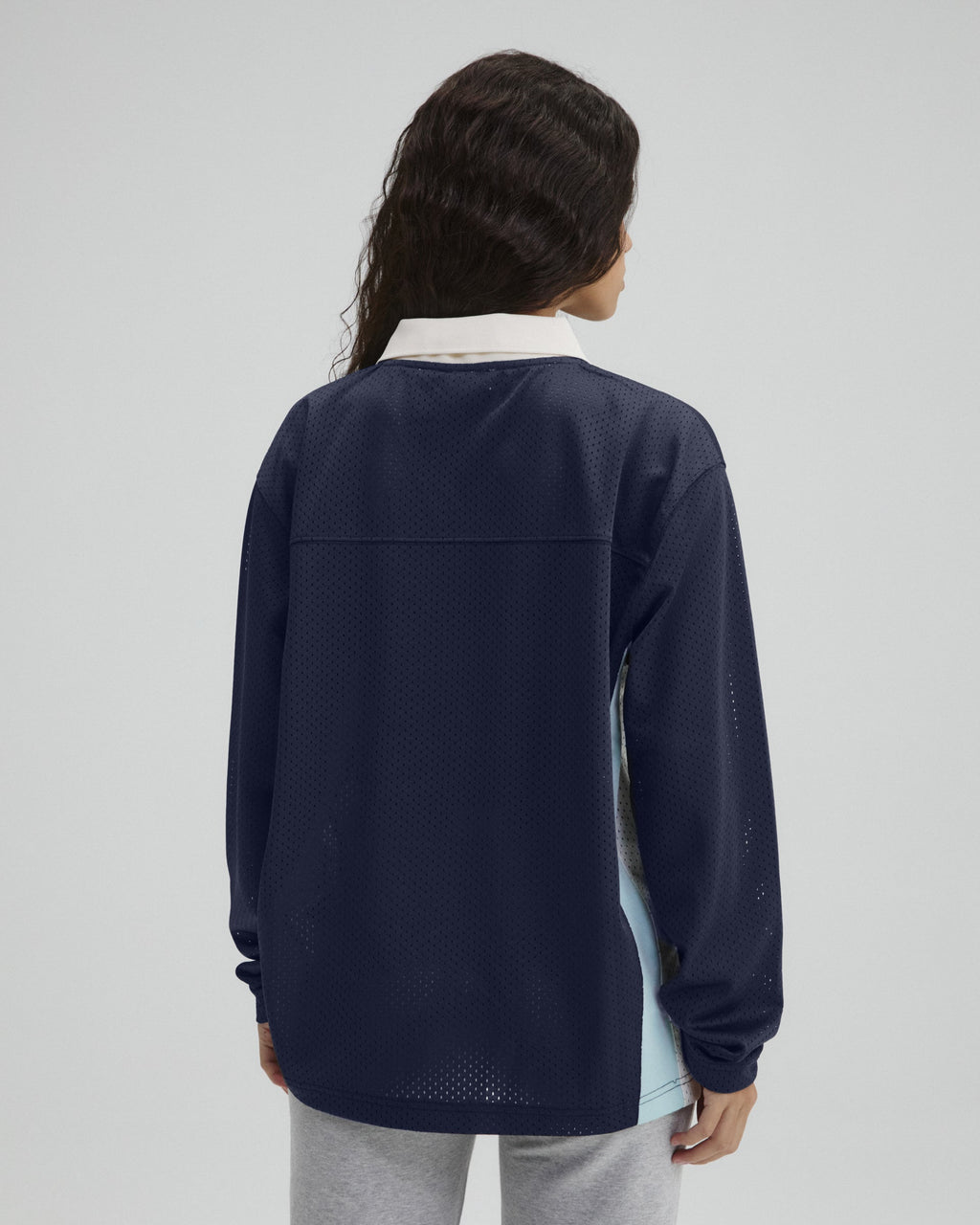 Collared Mesh Long Sleeve Jersey Top - Midnight Blue