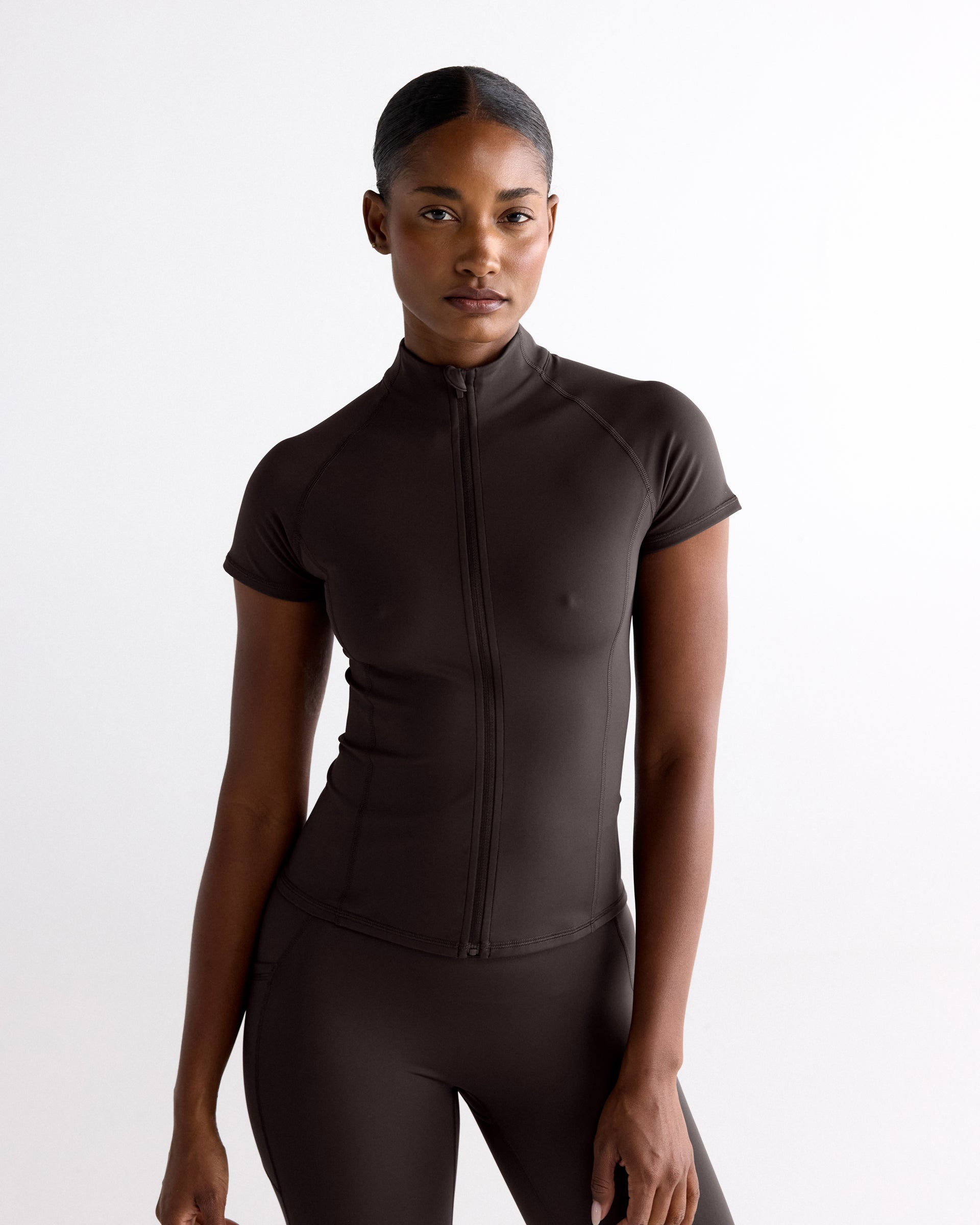 Ultimate Short Sleeve Zip Up Top - Coffee Bean