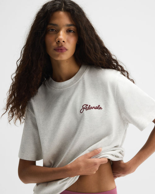 Adanola Script Embroidered Short Sleeve Oversized T-shirt - Light Grey Melange/Damson Red