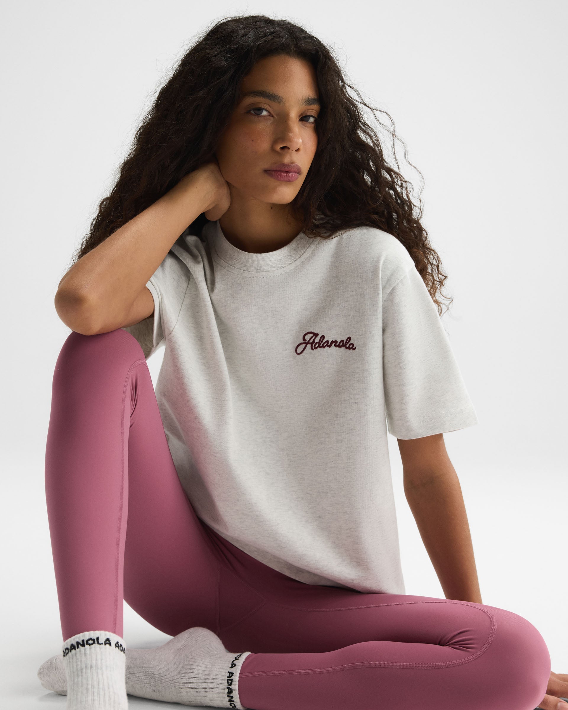 Adanola Script Embroidered Short Sleeve Oversized T-shirt - Light Grey Melange/Damson Red