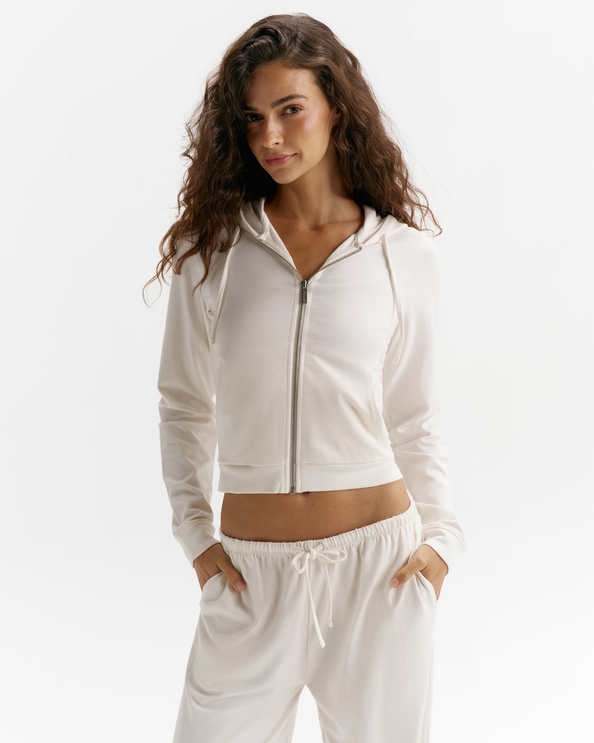 Modal Soft Lounge Long Sleeve Zip Up Top - Marshmallow White
