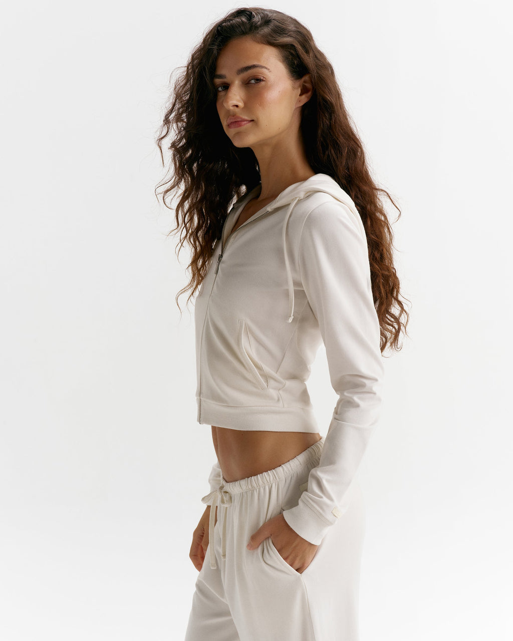 Modal Soft Lounge Long Sleeve Zip Up Top - Marshmallow White