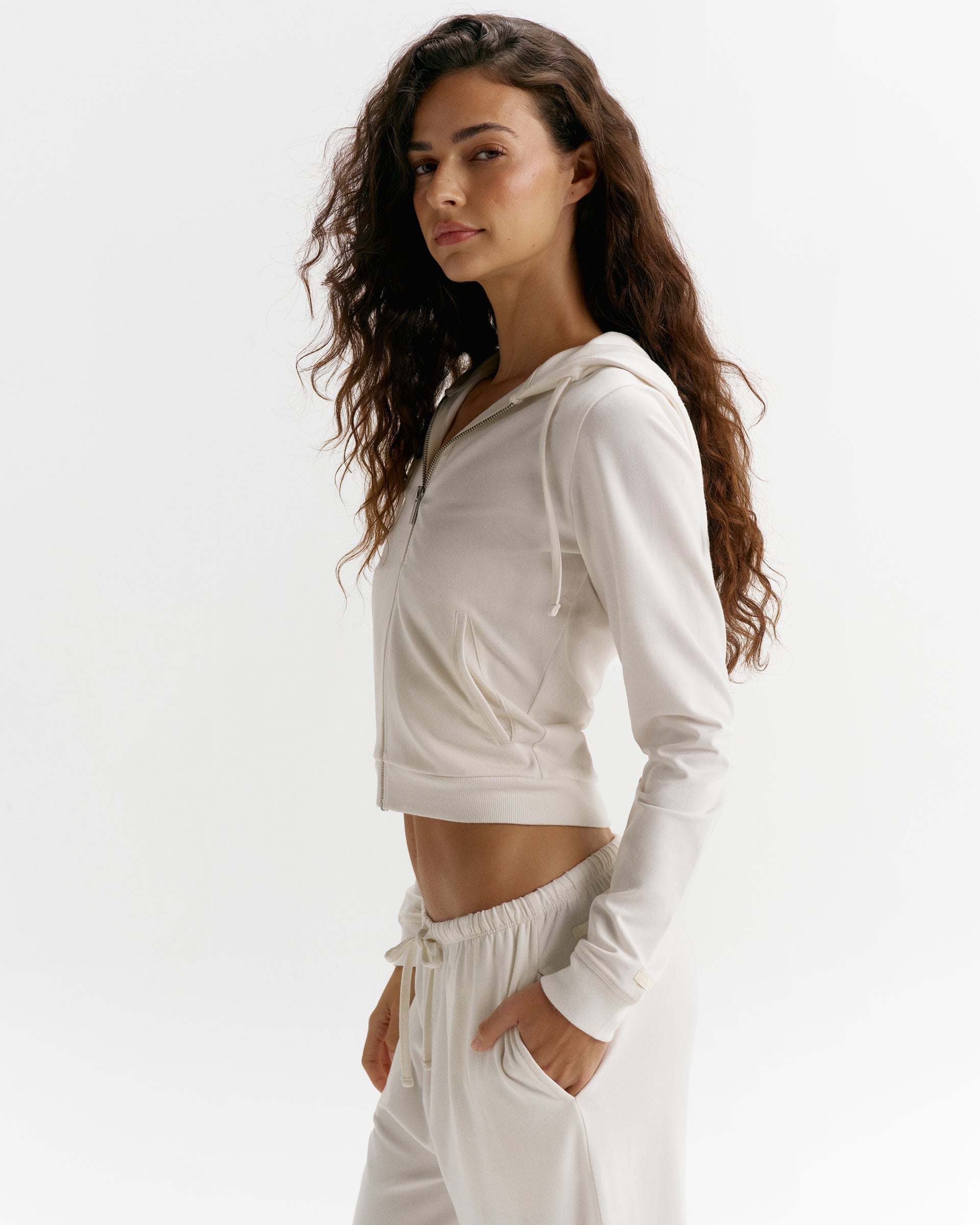 Modal Soft Lounge Long Sleeve Zip Up Top - Marshmallow White