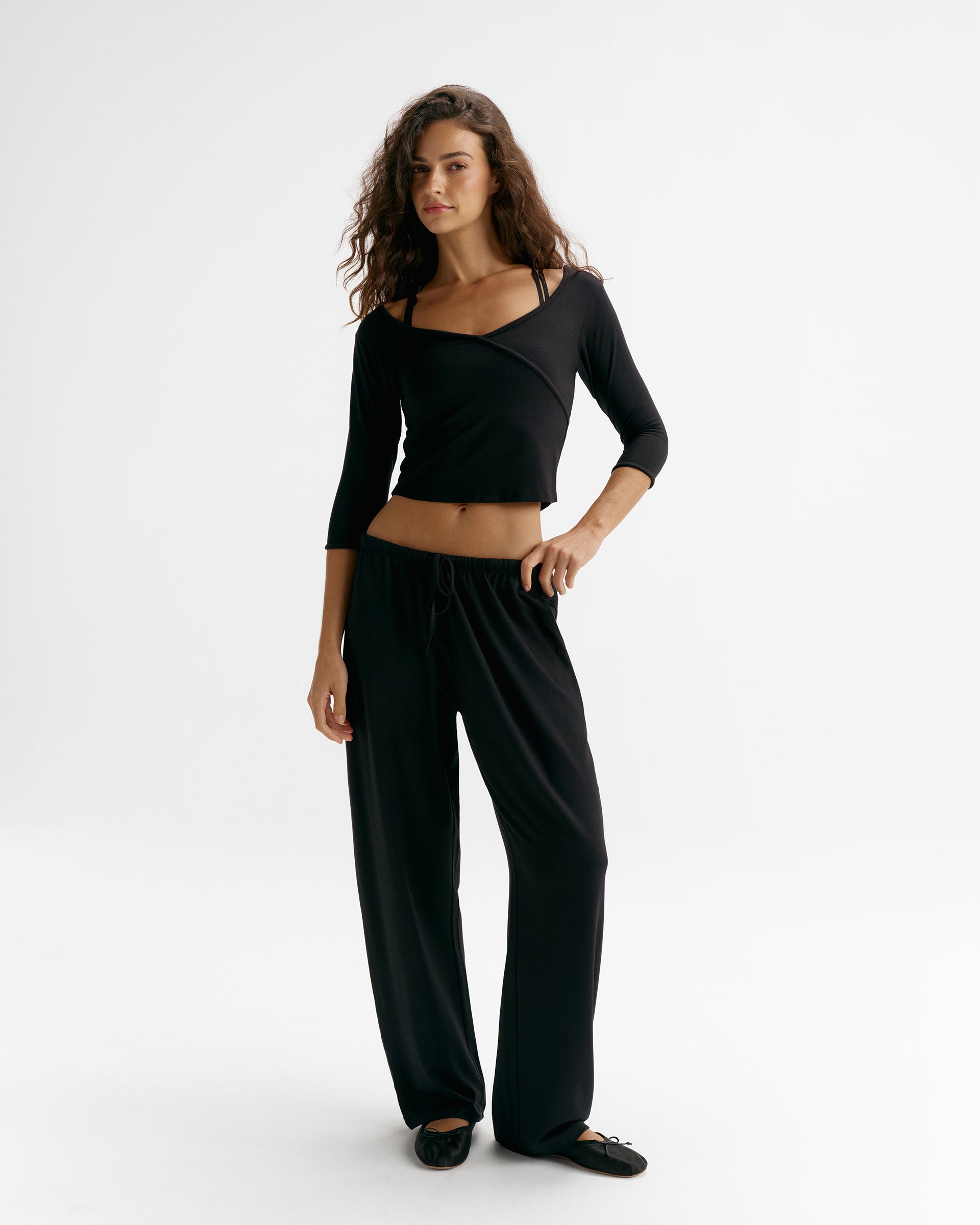Modal Soft Lounge Long Sleeve Wrap Top - Black