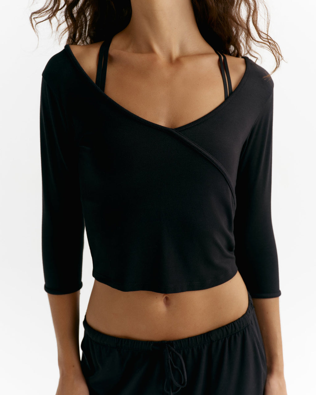 Modal Soft Lounge Long Sleeve Wrap Top - Black