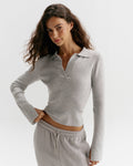 Knit Collar Long Sleeve Top - Light Grey Melange
