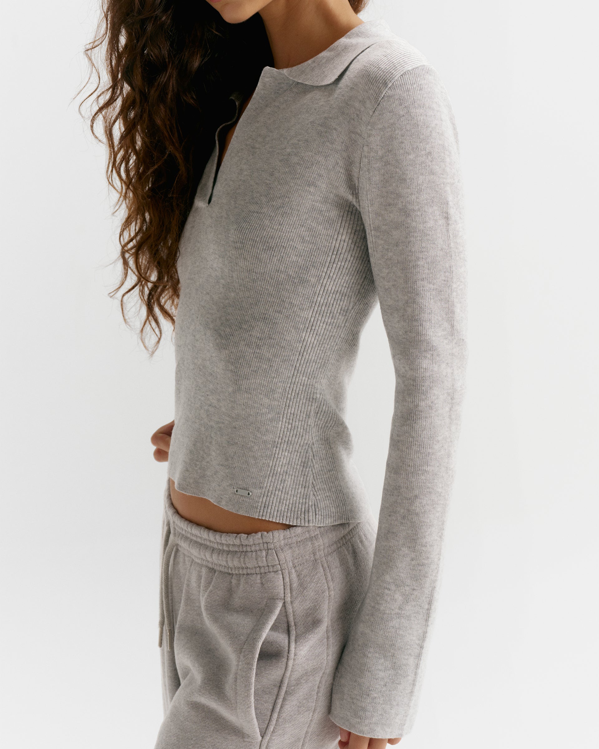 Knit Collar Long Sleeve Top - Light Grey Melange
