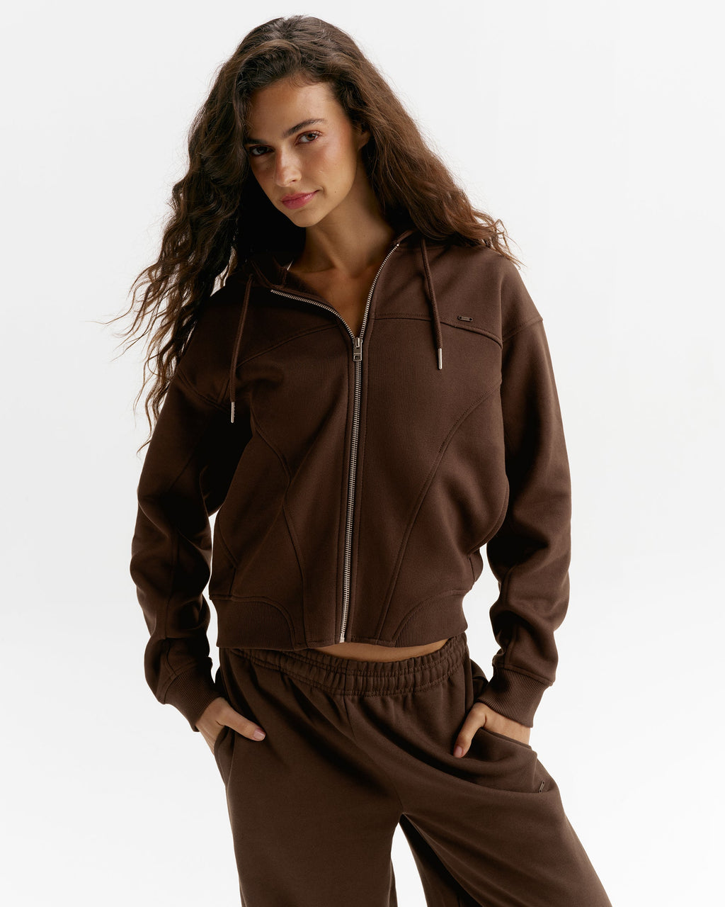Top-Stitch Detail Relaxed Zip Through Hoodie - Chocolate Brown