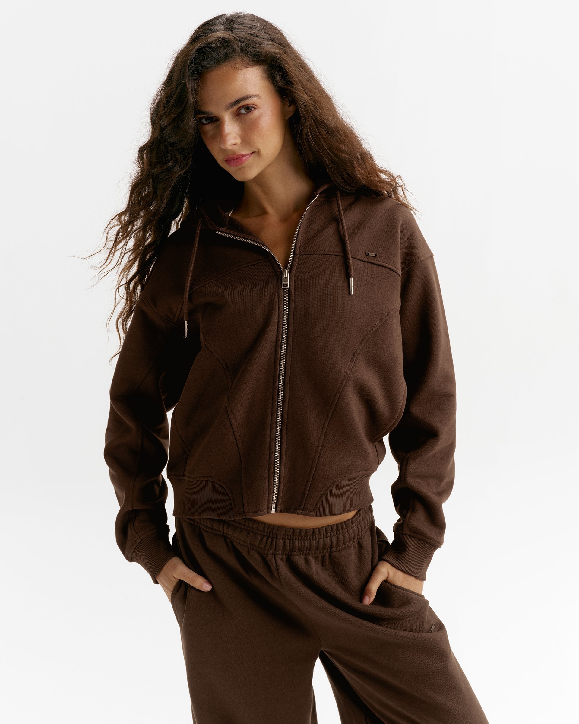 Top-Stitch Detail Relaxed Zip Through Hoodie - Chocolate Brown