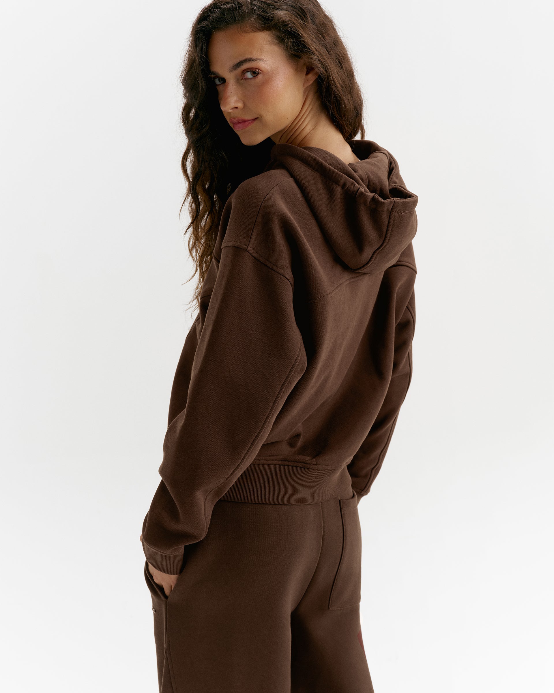 Top-Stitch Detail Relaxed Zip Through Hoodie - Chocolate Brown