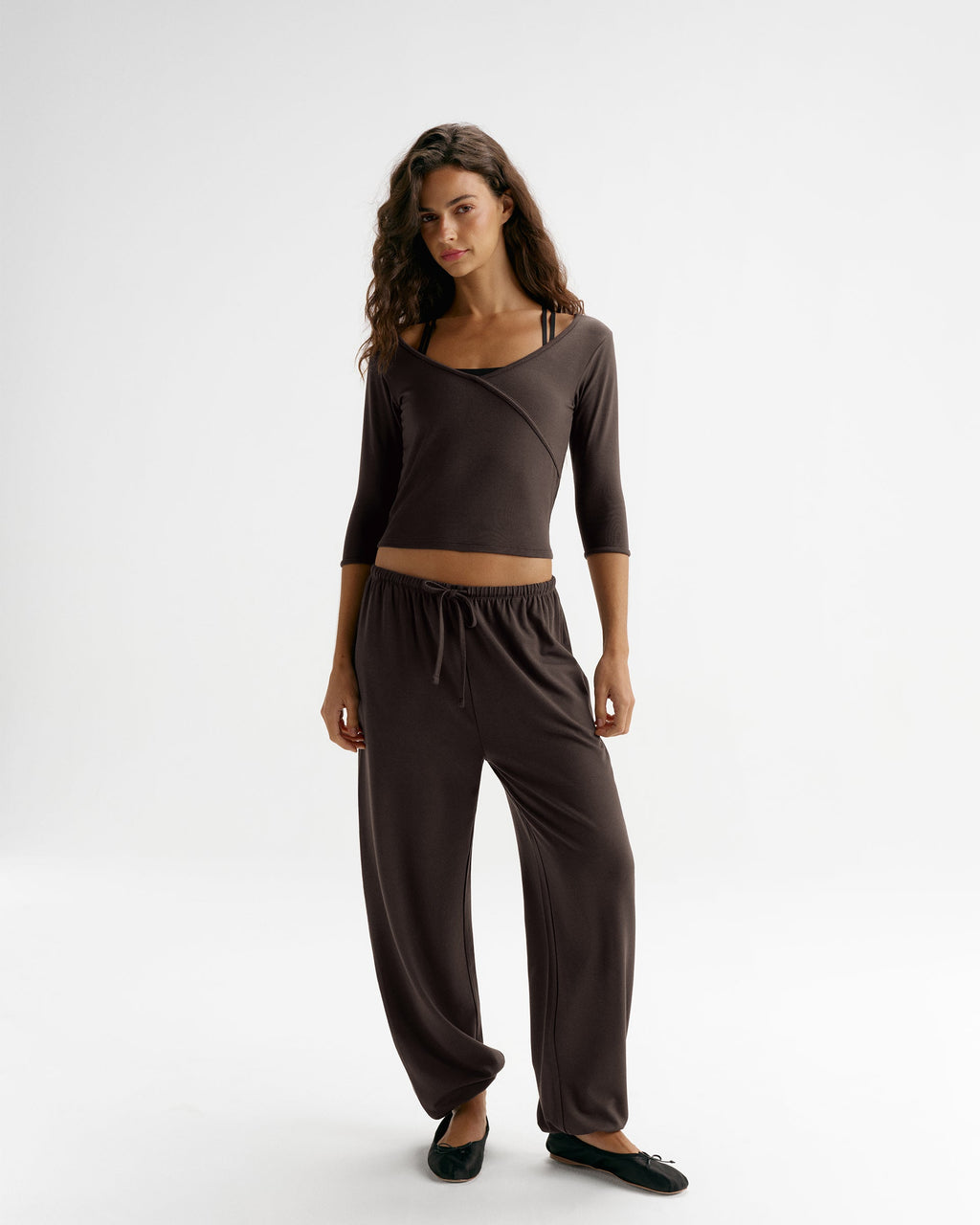 Modal Soft Lounge Long Sleeve Wrap Top - Coffee Bean