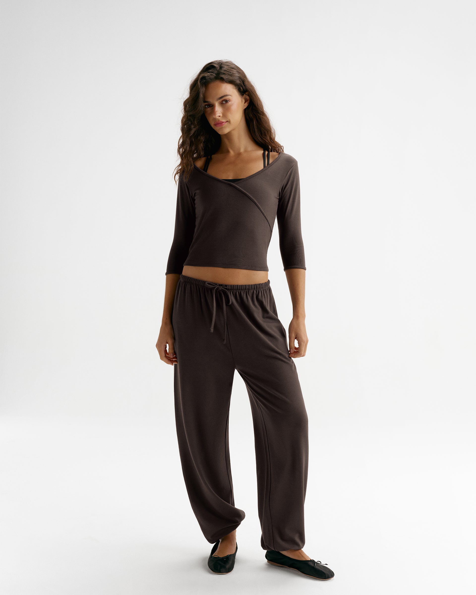 Modal Soft Lounge Long Sleeve Wrap Top - Coffee Bean