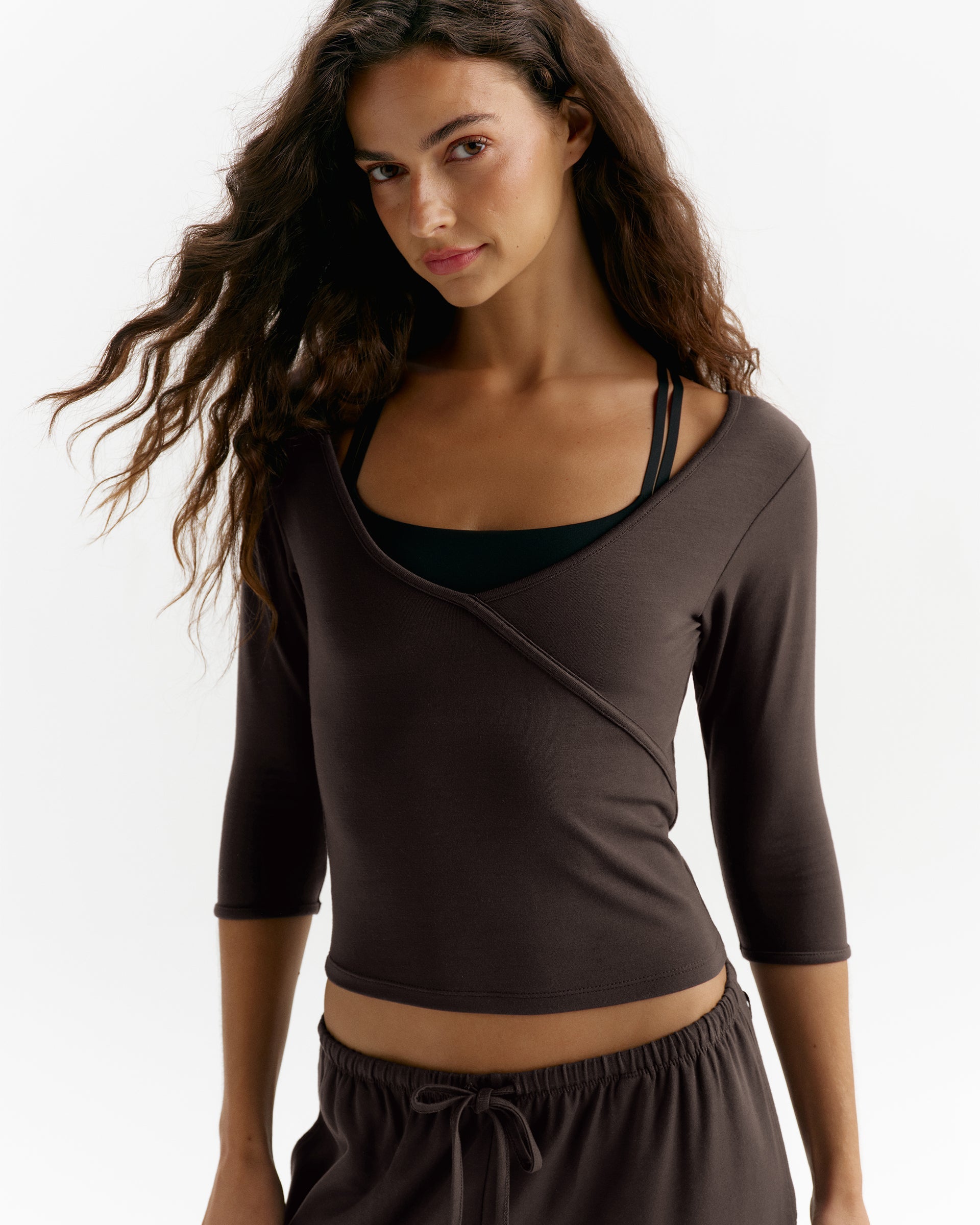 Modal Soft Lounge Long Sleeve Wrap Top - Coffee Bean