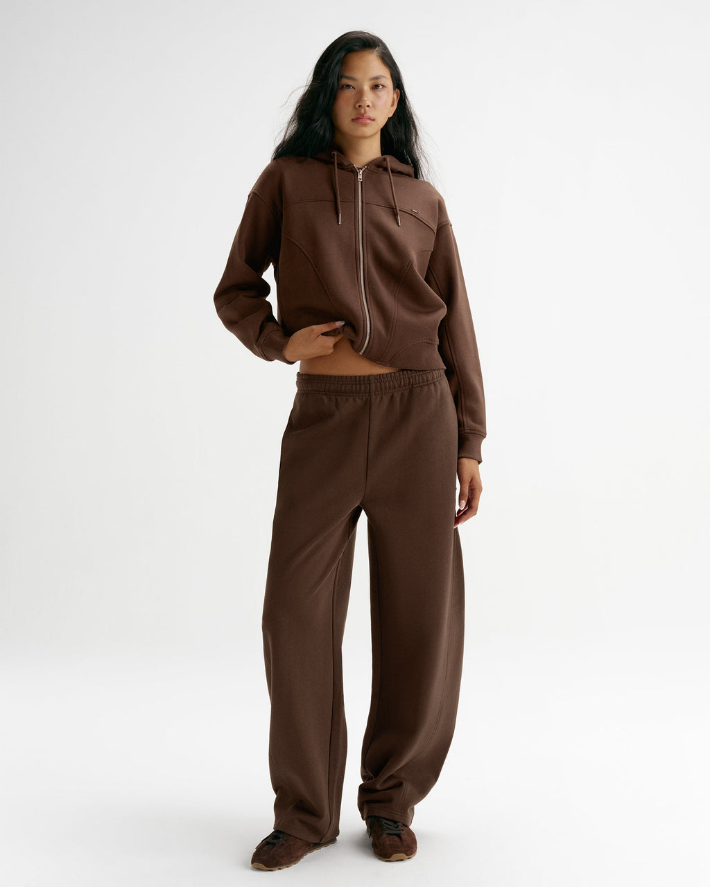 Top-Stitch Detail Relaxed Zip Through Hoodie - Chocolate Brown