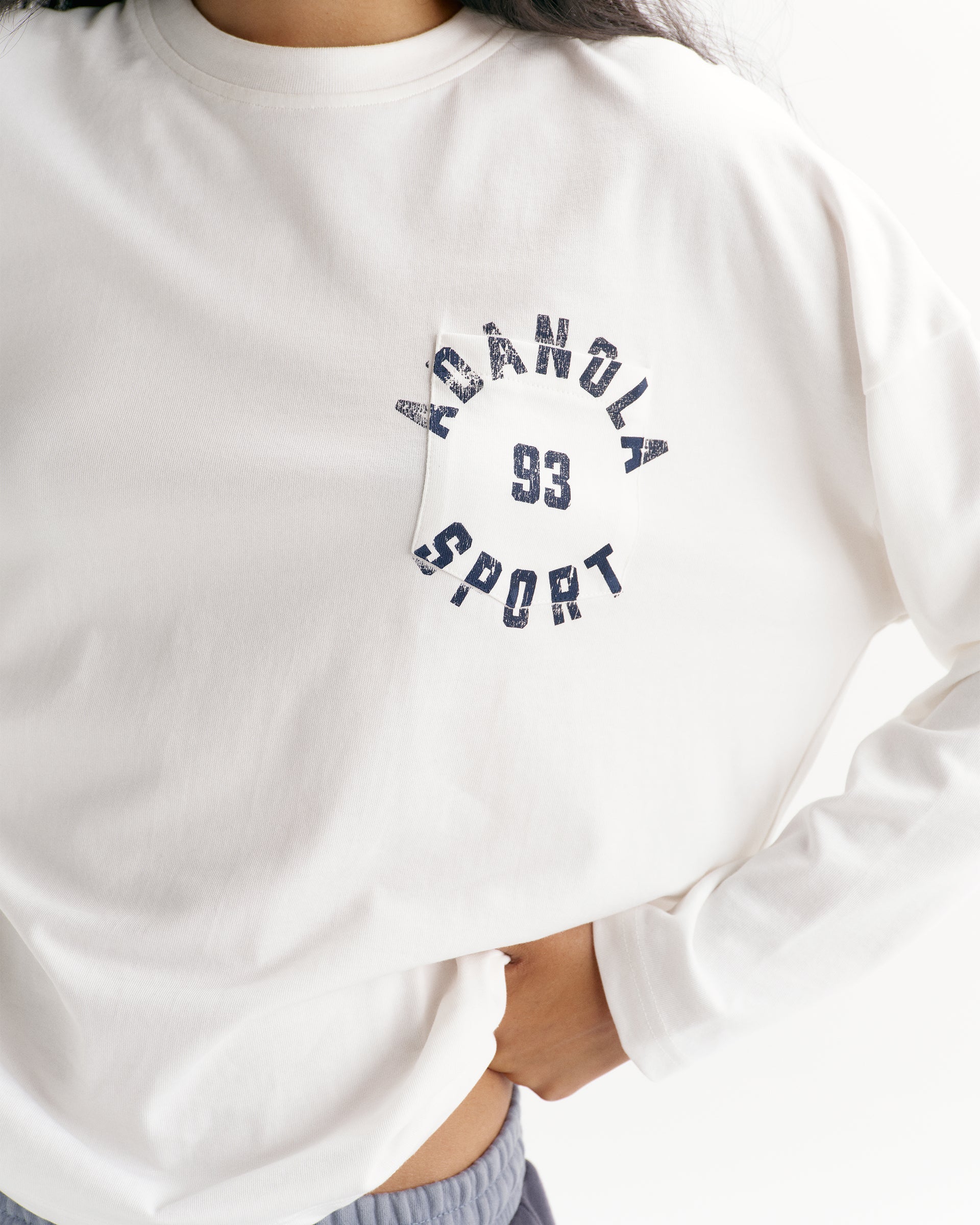 Adanola Sport Long Sleeve Pocket Detail Top - Marshmallow White/Navy Blue