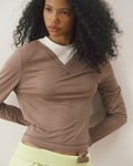 V-Neck Double Layered Top - Dusty Brown/White