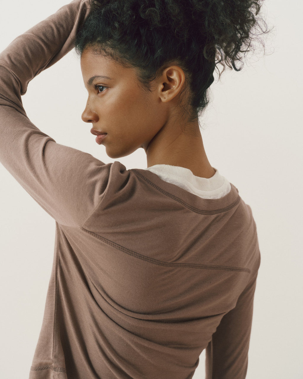 V-Neck Double Layered Top - Dusty Brown/White
