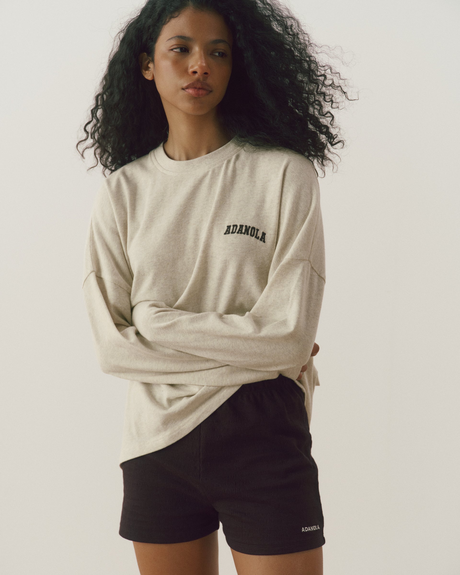 Varsity Long Sleeve Drop Shoulder T-shirt - Oat Melange/Coffee Bean