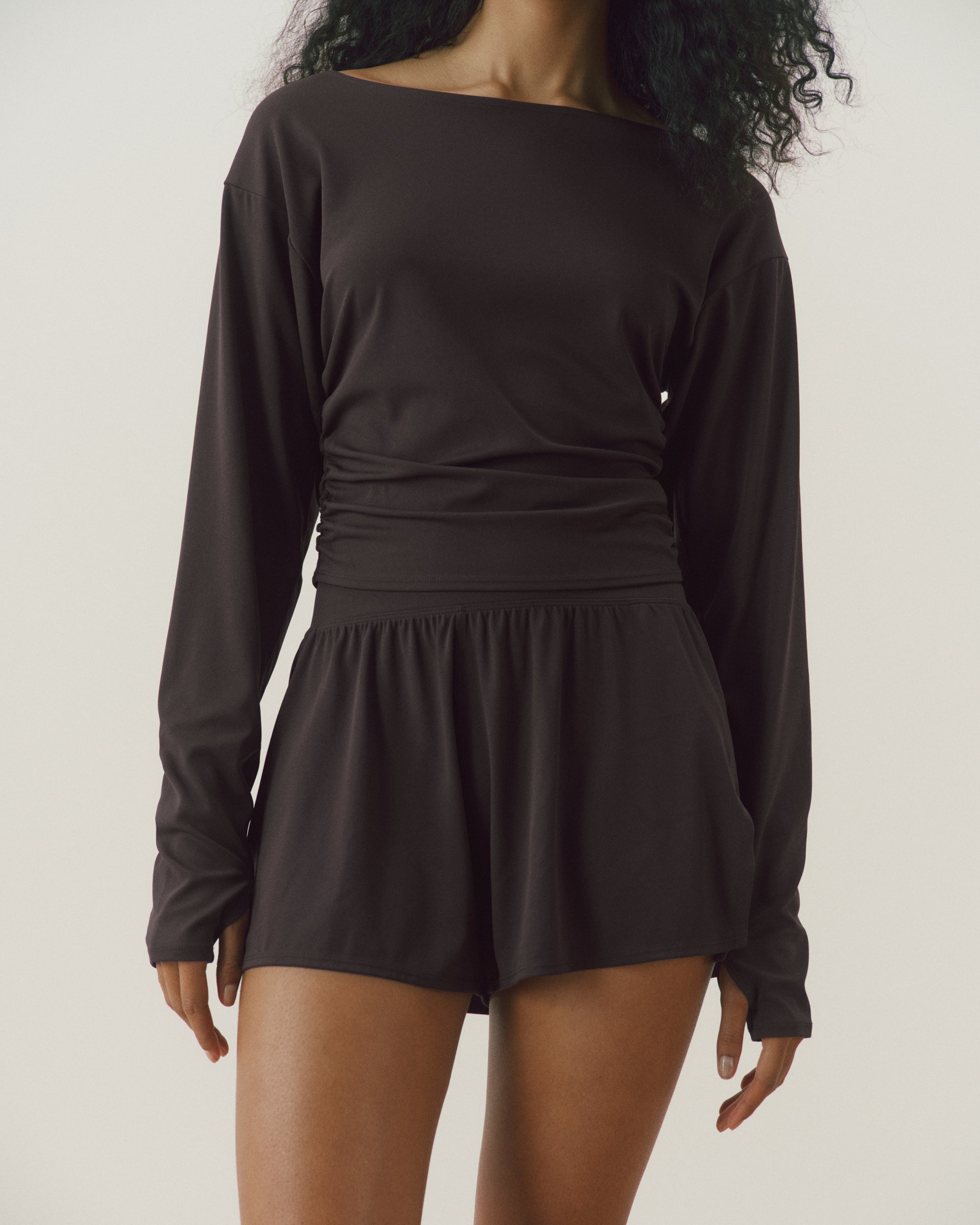 Long Sleeve Ruched Side Top - Coffee Bean