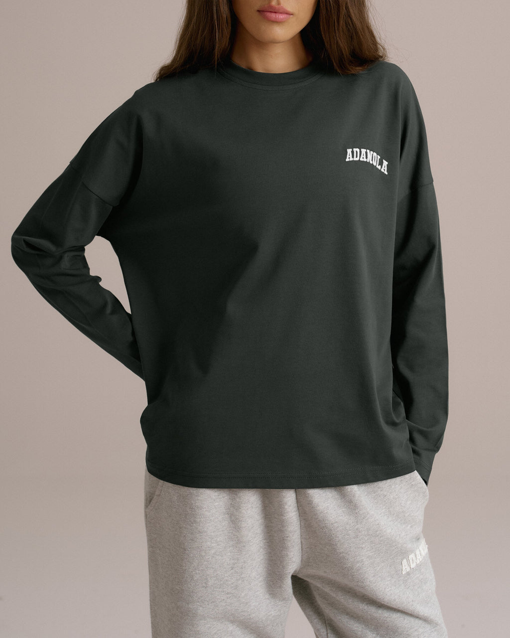 Varsity Long Sleeve Drop Shoulder T-shirt - Moss Green/Marshmallow White