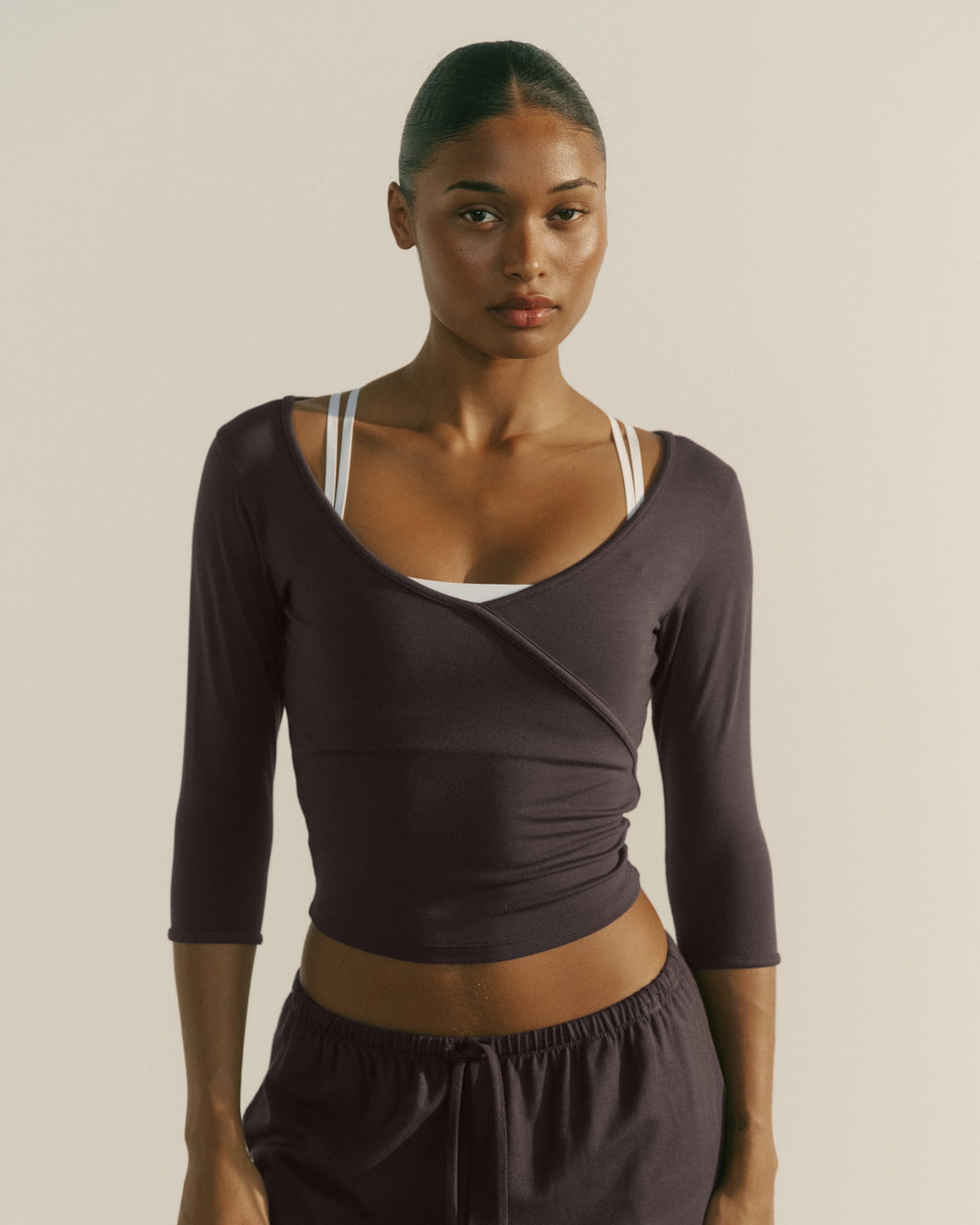 Modal Soft Lounge Long Sleeve Wrap Top - Coffee Bean