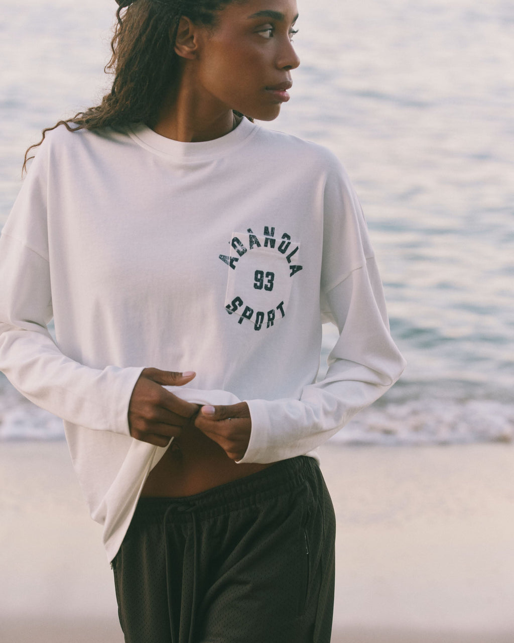 Adanola Sport Long Sleeve Pocket Detail Top - Marshmallow White/Navy Blue