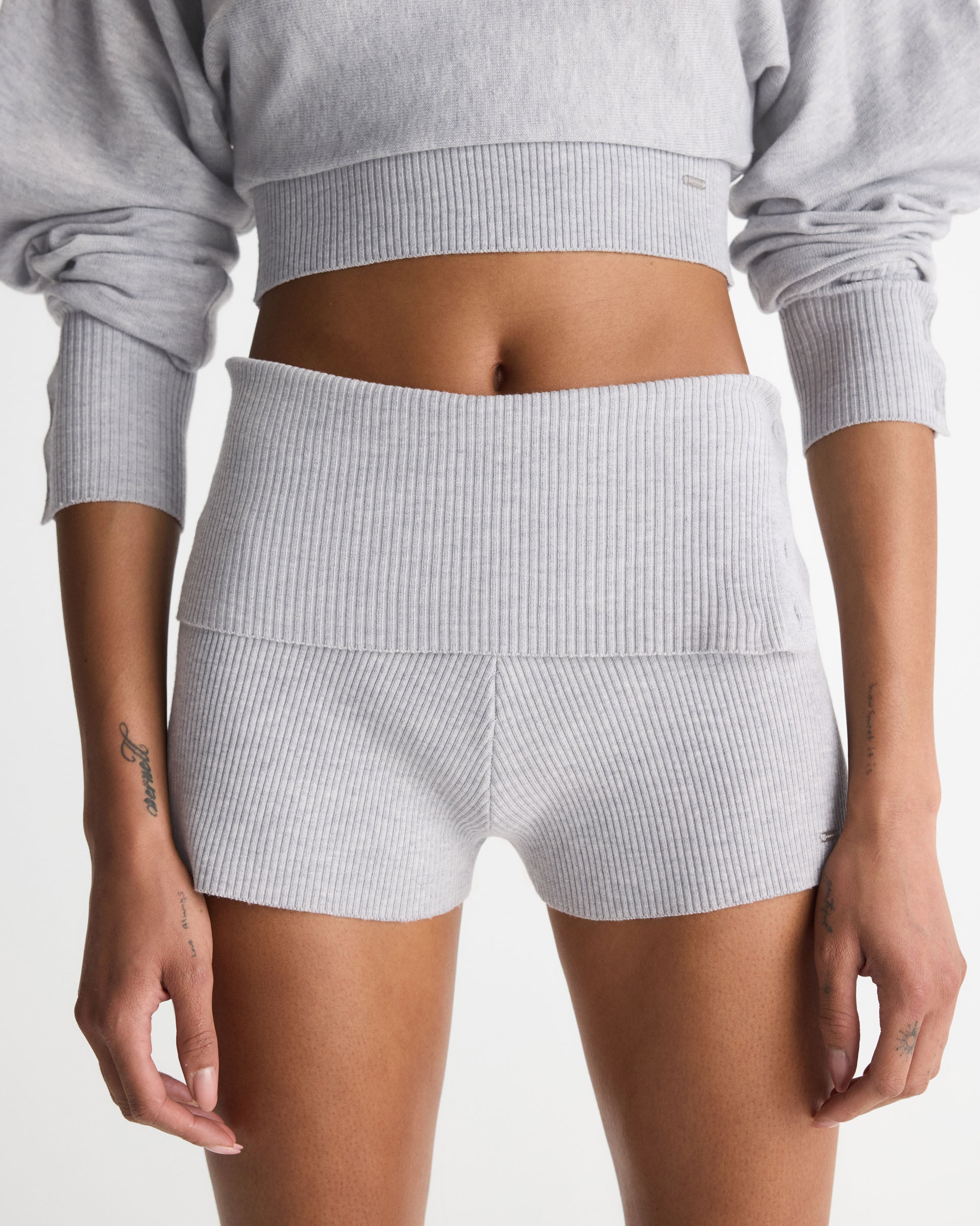 Knit Fold Over Rib Shorts - Light Grey Melange